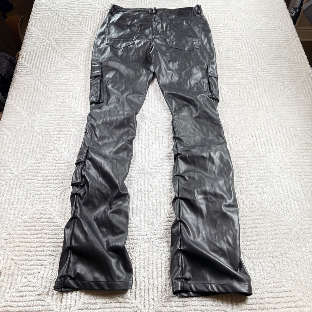 Smoke Rise Cargo Pants Mens 34x36 Black Faux Leather Tech Stacked Goth Moto Long - Picture 2 of 13